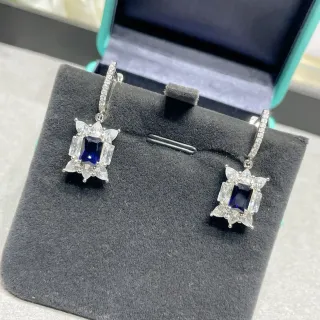 Blue Center Stone Halo Floral Motif Lever-Back Earrings