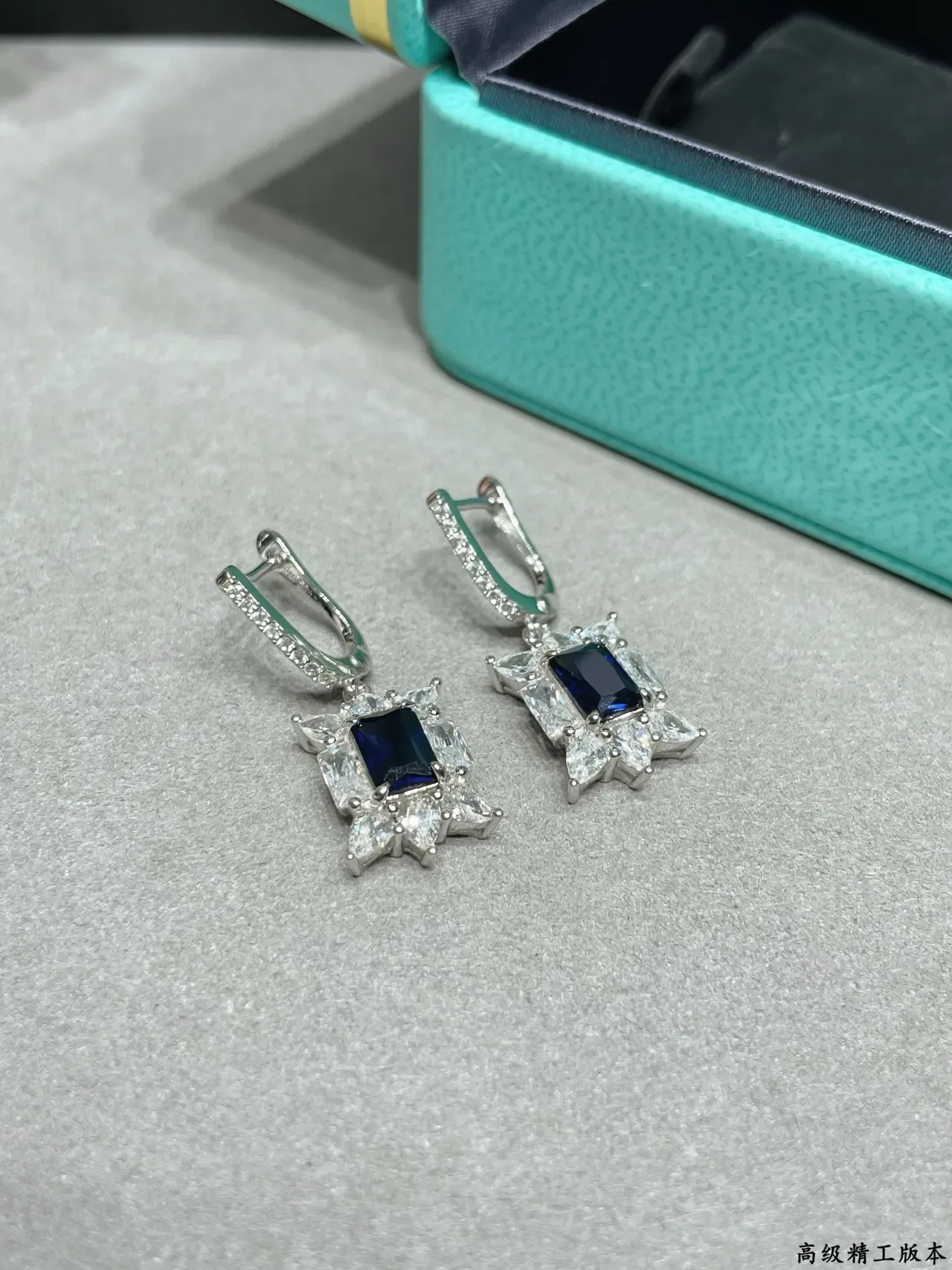 Blue Center Stone Halo Floral Motif Lever-Back Earrings 2