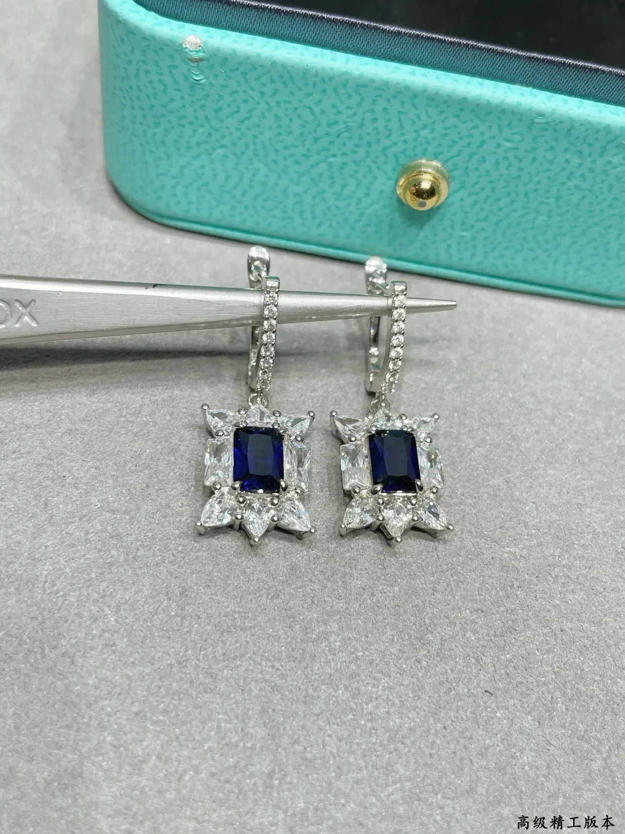 Blue Center Stone Halo Floral Motif Lever-Back Earrings 4