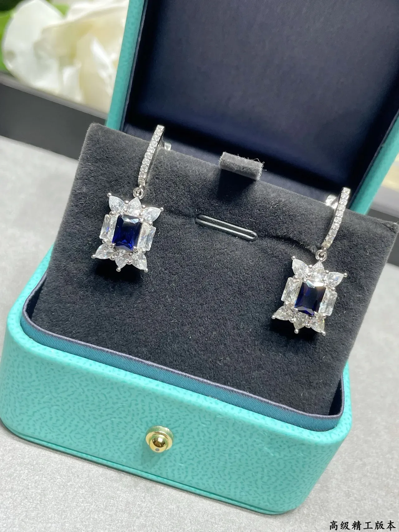 Blue Center Stone Halo Floral Motif Lever-Back Earrings 8