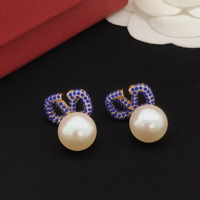 Blue Crystal Pavé Geometric Drop Pearl Earrings 4