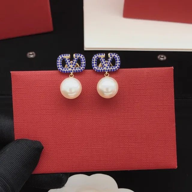 Blue Crystal Pavé Geometric Drop Pearl Earrings 5