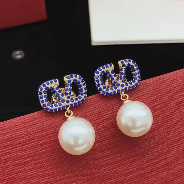 Blue Crystal Pavé Geometric Drop Pearl Earrings 8