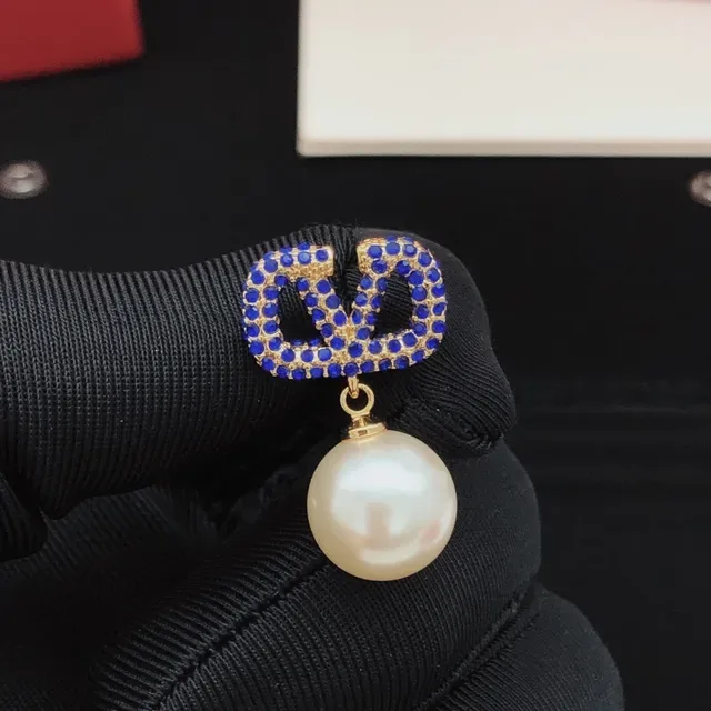 Blue Crystal Pavé Geometric Drop Pearl Earrings 9
