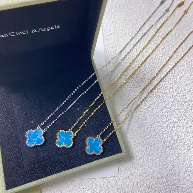 Blue Gold Clover-Shaped Pendant Stone Inlay Necklace 5
