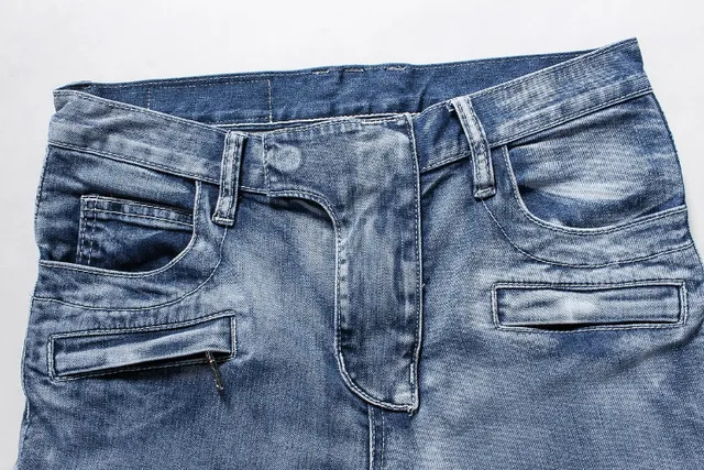 Blue Gray Medium-Wash Distressed Denim Reinforced Ribbed Knee Panels Jeans 5