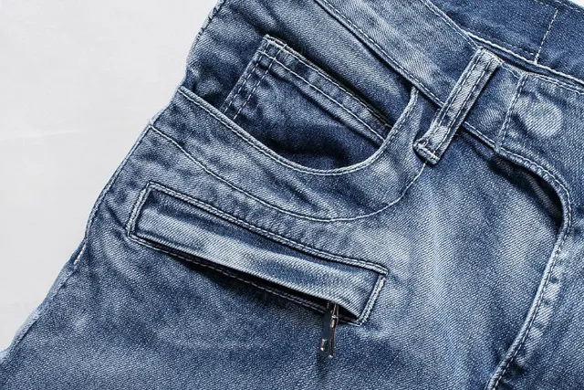 Blue Gray Medium-Wash Distressed Denim Reinforced Ribbed Knee Panels Jeans 8