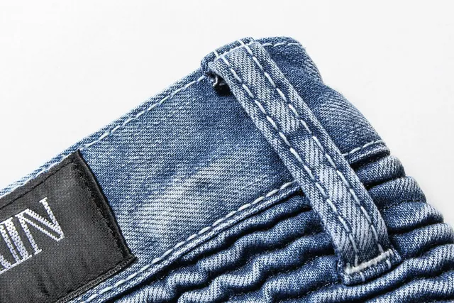 Blue Gray Medium-Wash Distressed Denim Reinforced Ribbed Knee Panels Jeans 10