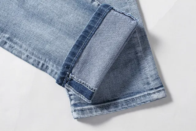Blue Gray Medium-Wash Distressed Denim Reinforced Ribbed Knee Panels Jeans 12