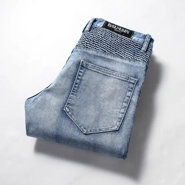 Blue Gray Medium-Wash Distressed Denim Reinforced Ribbed Knee Panels Jeans 17