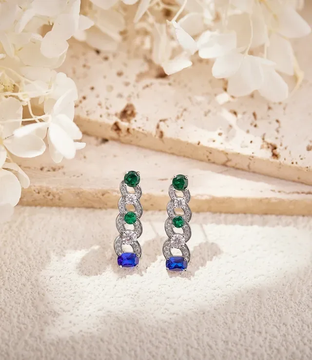 Blue Green Linked Motif Multi-Gemstone Earrings 2