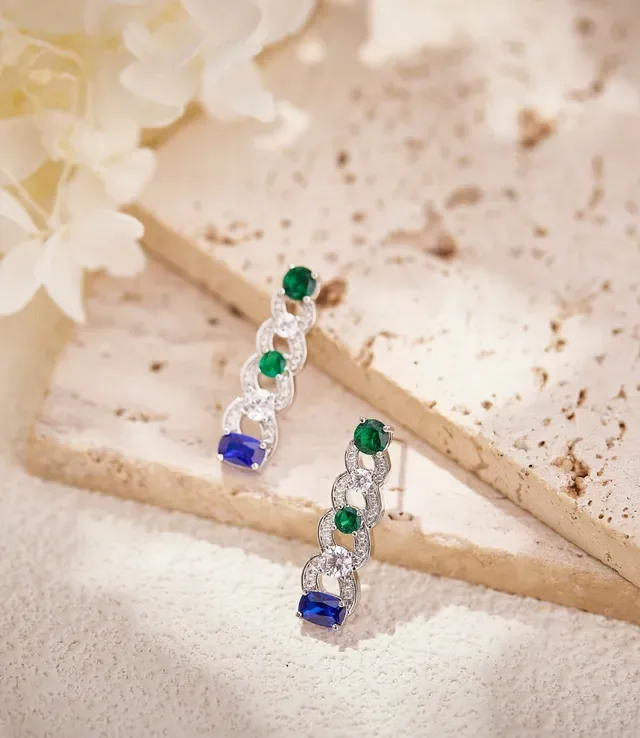 Blue Green Linked Motif Multi-Gemstone Earrings 3