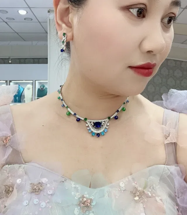 Blue Green Linked Motif Multi-Gemstone Earrings 4