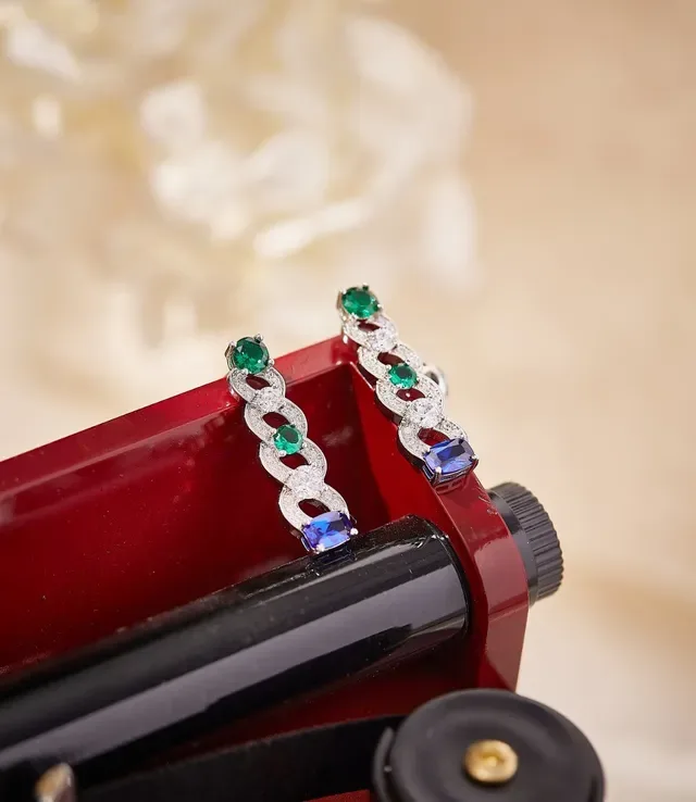 Blue Green Linked Motif Multi-Gemstone Earrings 5