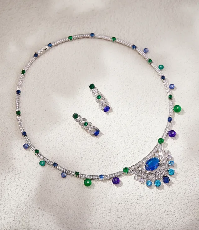 Blue Green Linked Motif Multi-Gemstone Earrings 7