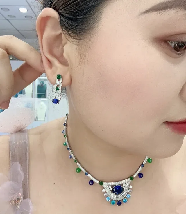 Blue Green Linked Motif Multi-Gemstone Earrings 8