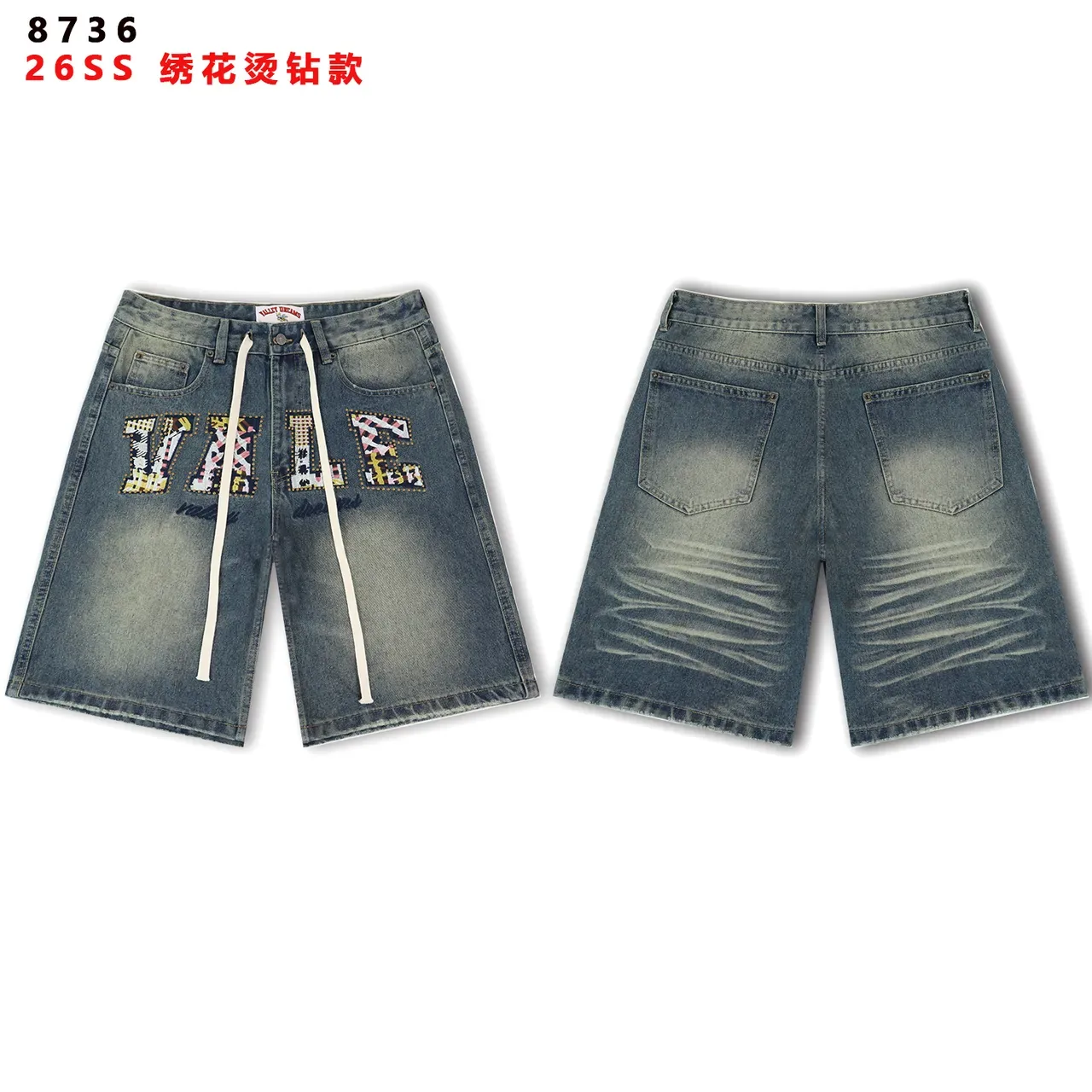 Blue Multicolor Denim Embroidered Patchwork Letters Shorts 3