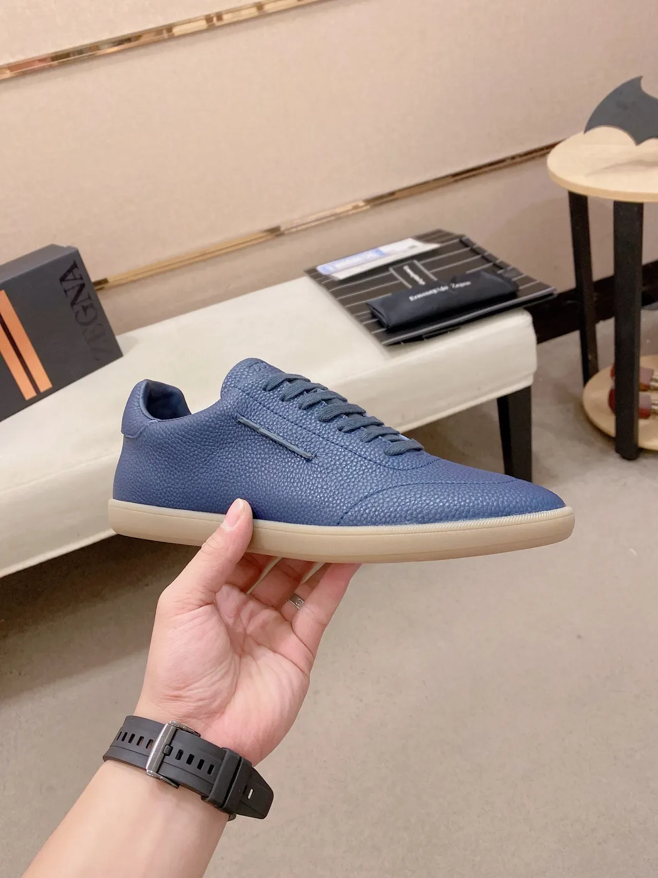 Blue Pebbled Leather Low-Top Lifestyle Sneaker 5