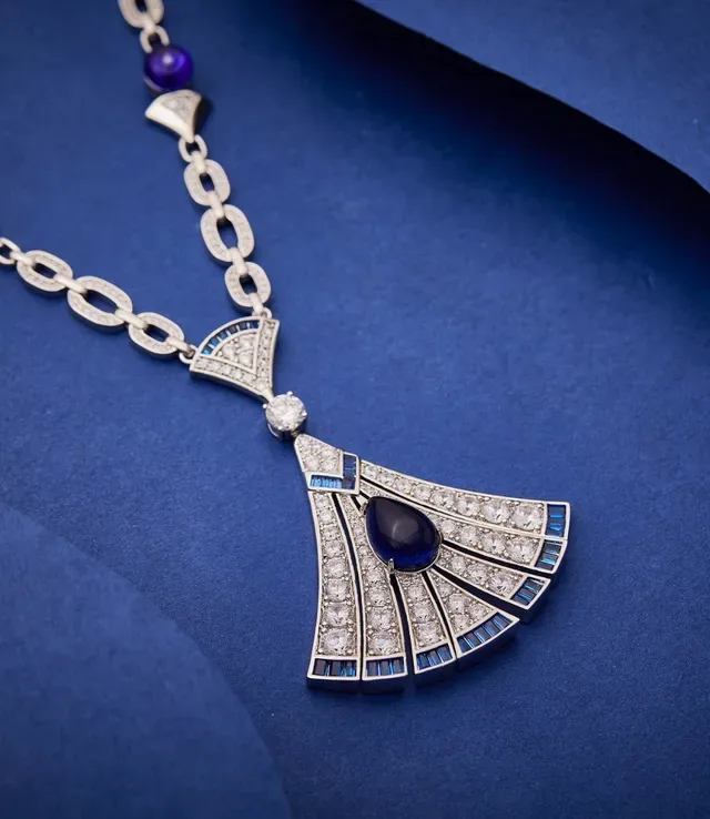 Blue Purple Art Deco-Inspired Fan Pendant Pavé-Set White Stones Necklace 3