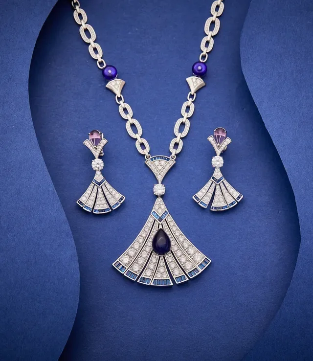 Blue Purple Art Deco-Inspired Fan Pendant Pavé-Set White Stones Necklace 5