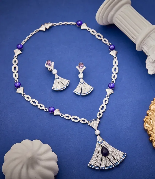 Blue Purple Art Deco-Inspired Fan Pendant Pavé-Set White Stones Necklace 6