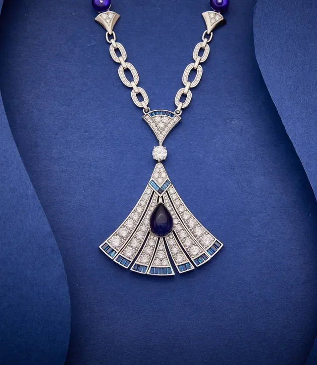 Blue Purple Art Deco-Inspired Fan Pendant Pavé-Set White Stones Necklace 7