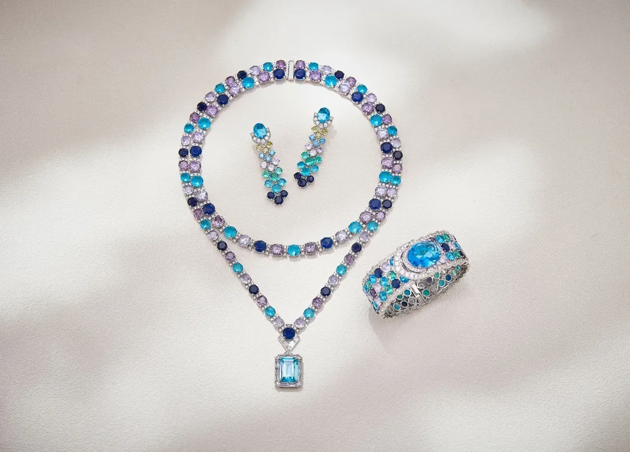 Blue Purple Multi-Strand Gemstone-Encrusted Necklace 4