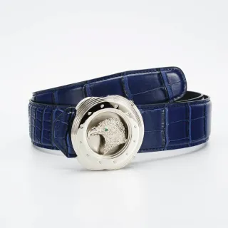 Blue Silver Crocodile-Embossed Sculpted Eagle Head Buckle Leather Belt