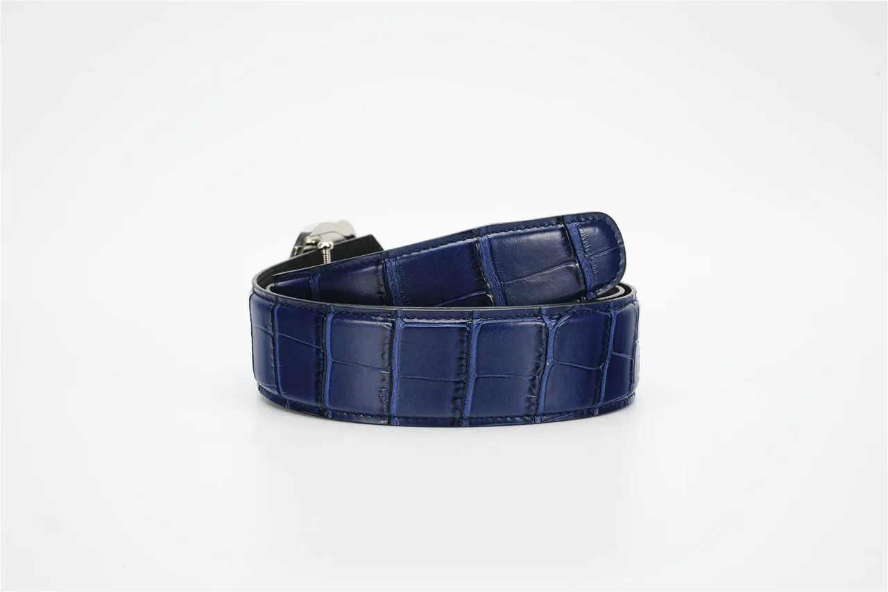 Blue Silver Crocodile-Embossed Sculpted Eagle Head Buckle Leather Belt 3