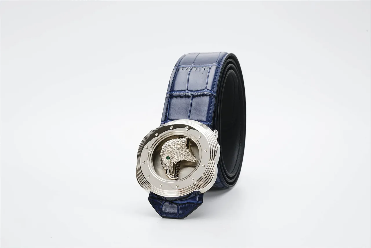 Blue Silver Crocodile-Embossed Sculpted Eagle Head Buckle Leather Belt 7
