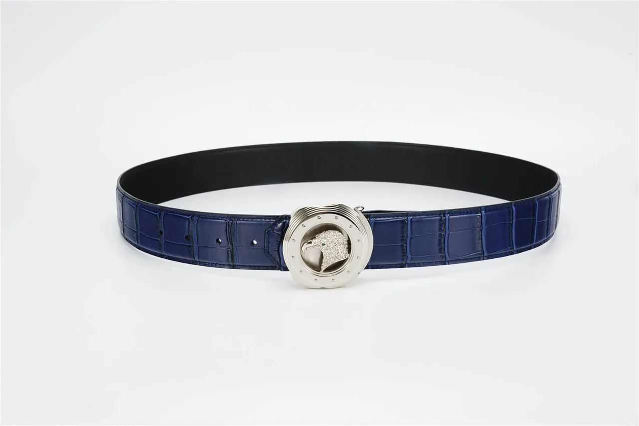 Blue Silver Crocodile-Embossed Sculpted Eagle Head Buckle Leather Belt 9