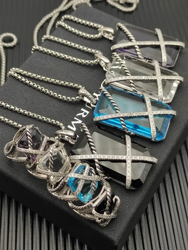 Blue Silver Faceted Rectangular Stone Twisted Rope Wire Wrap Necklace 2