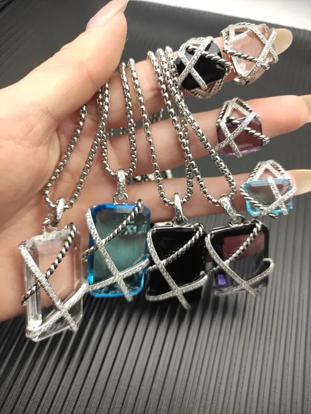Blue Silver Faceted Rectangular Stone Twisted Rope Wire Wrap Necklace 3