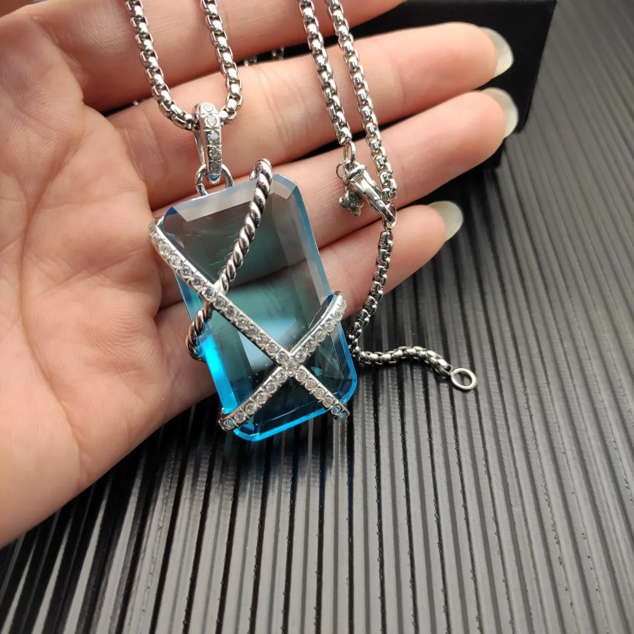 Blue Silver Faceted Rectangular Stone Twisted Rope Wire Wrap Necklace 5