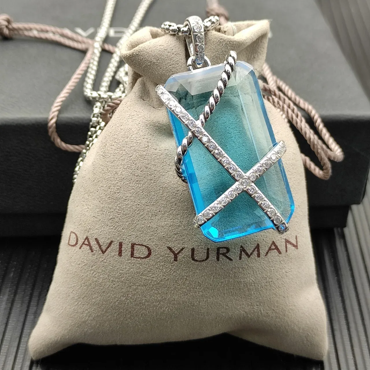Blue Silver Faceted Rectangular Stone Twisted Rope Wire Wrap Necklace 6