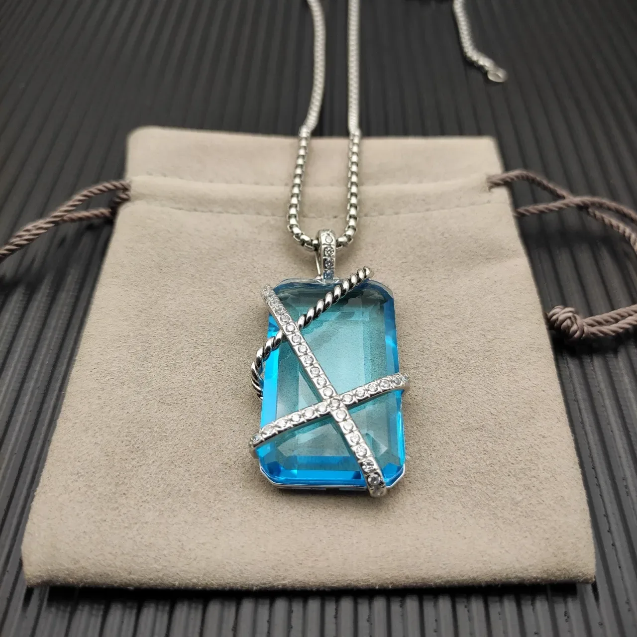 Blue Silver Faceted Rectangular Stone Twisted Rope Wire Wrap Necklace 7