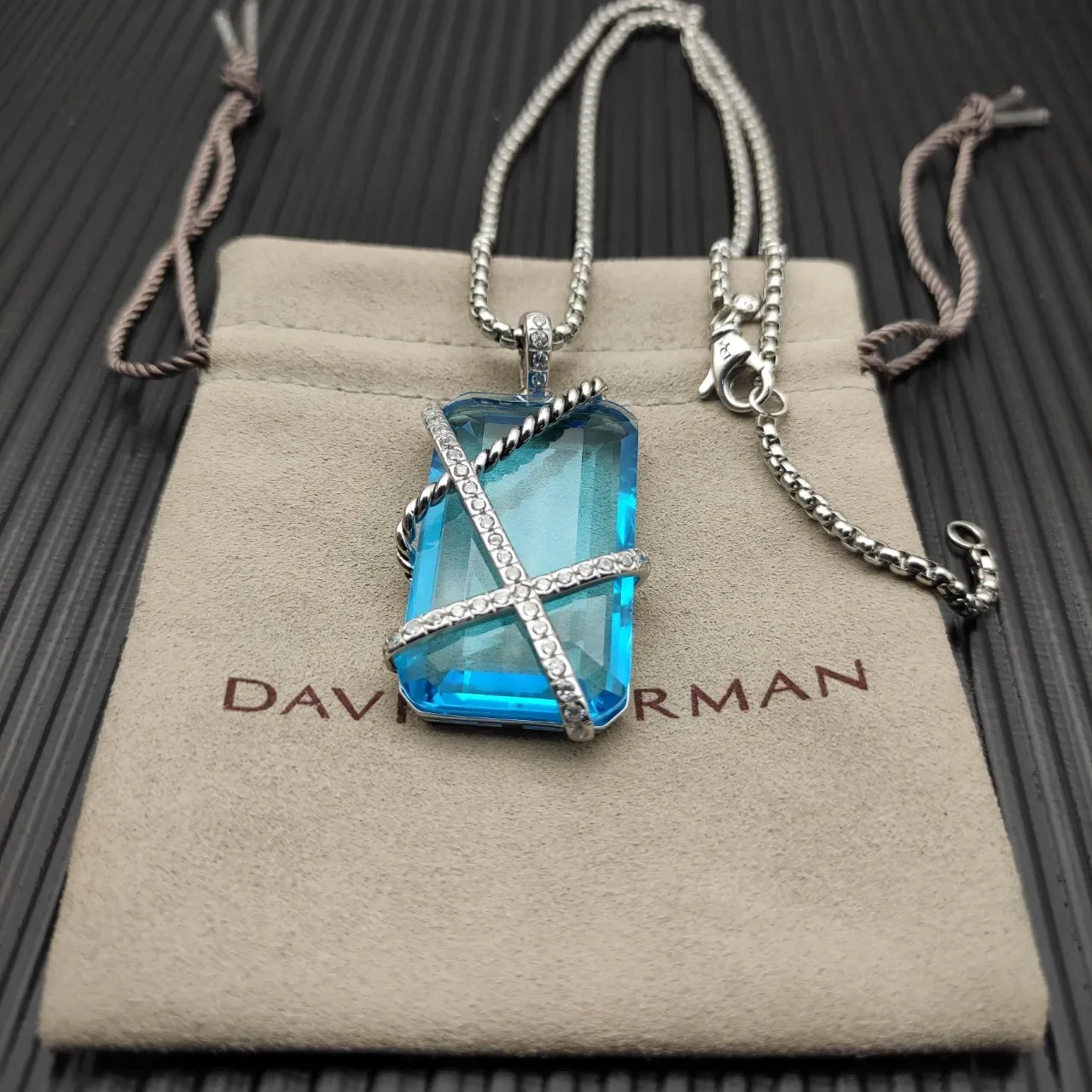Blue Silver Faceted Rectangular Stone Twisted Rope Wire Wrap Necklace 8