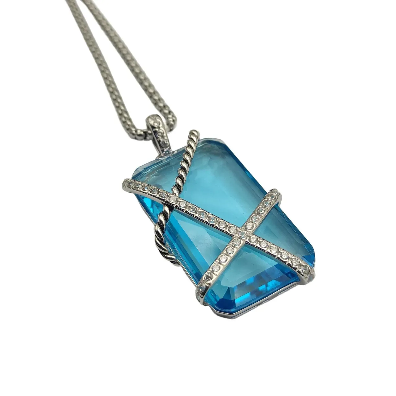 Blue Silver Faceted Rectangular Stone Twisted Rope Wire Wrap Necklace 9