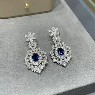 Blue Silver Floral Motif Halo Setting Earrings