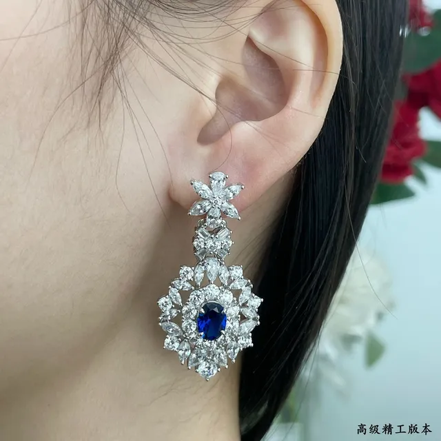 Blue Silver Floral Motif Halo Setting Earrings 8