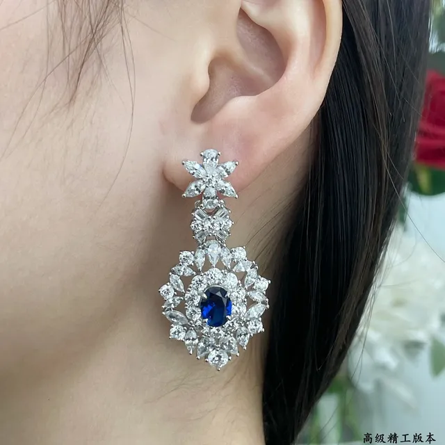 Blue Silver Floral Motif Halo Setting Earrings 9