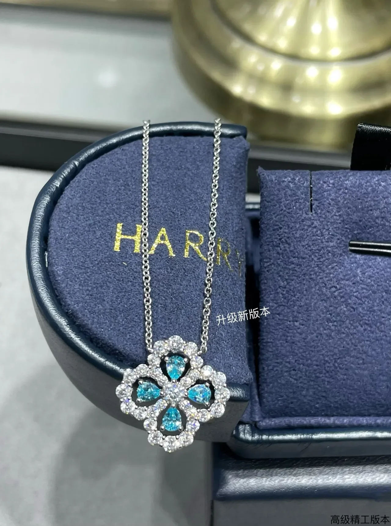 Collar Azul Plata Floral Cuadrifolio Colgante Pavé-Set Piedras Claras 4