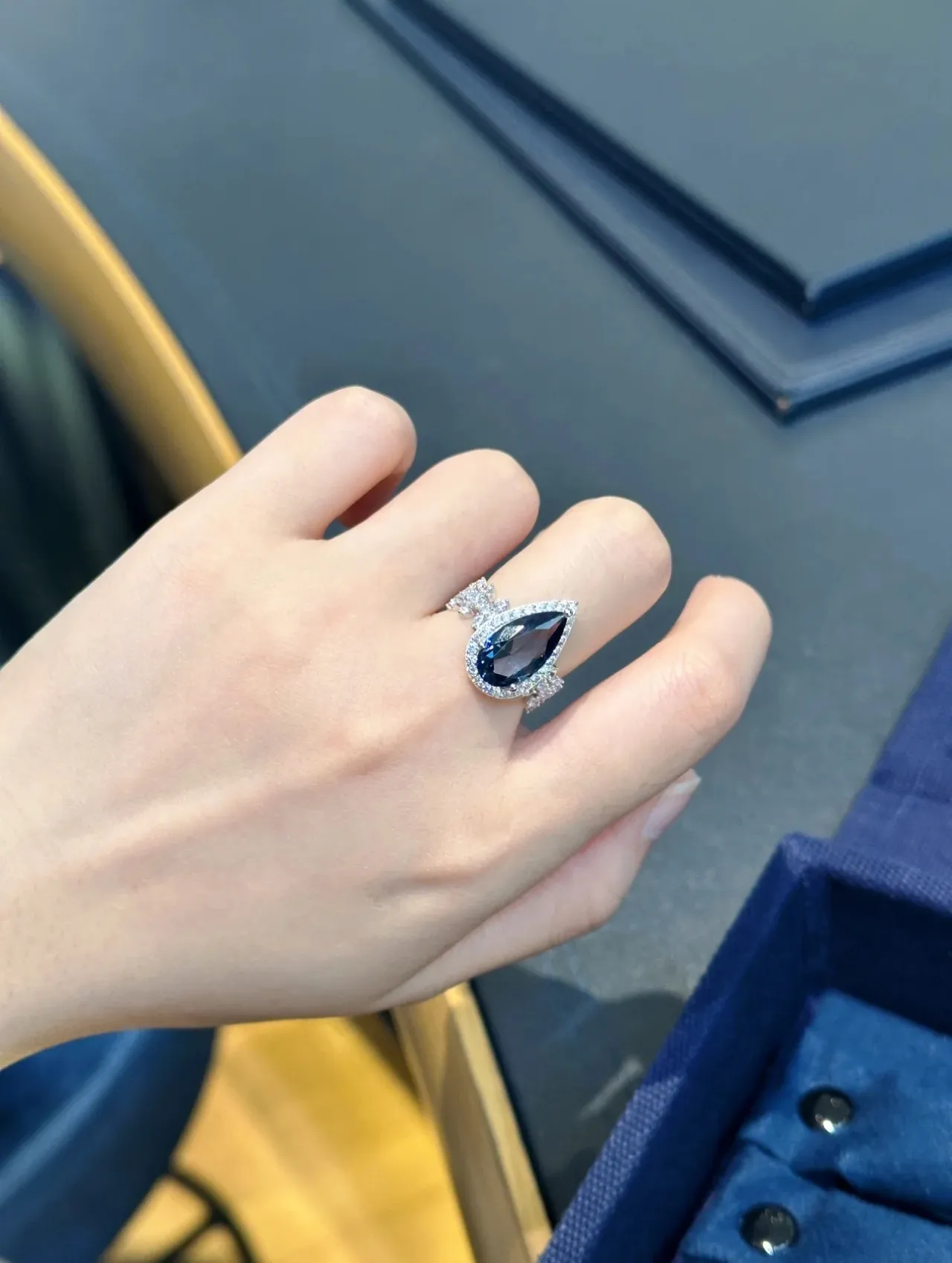 Blue Silver Pear-Shaped Central Gemstone Halo Of Pavé Stones Ring 3