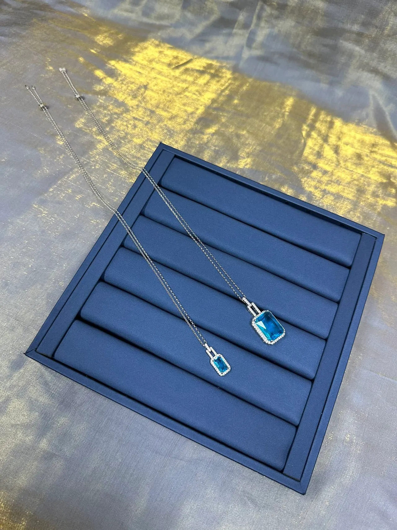 Blue Silver Rectangular Emerald-Cut Stone Pavé Halo Setting Necklace 5