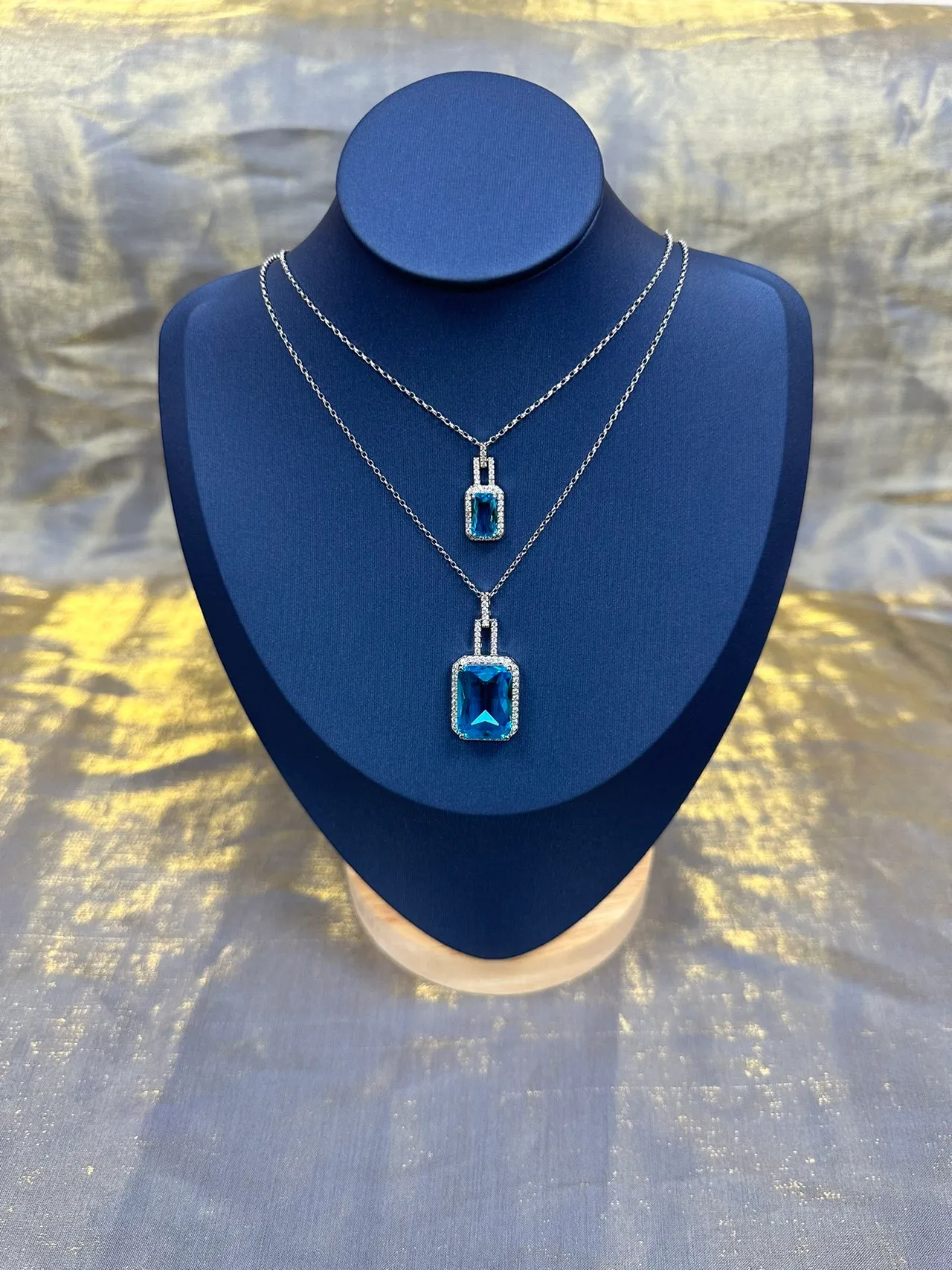 Blue Silver Rectangular Emerald-Cut Stone Pavé Halo Setting Necklace 9
