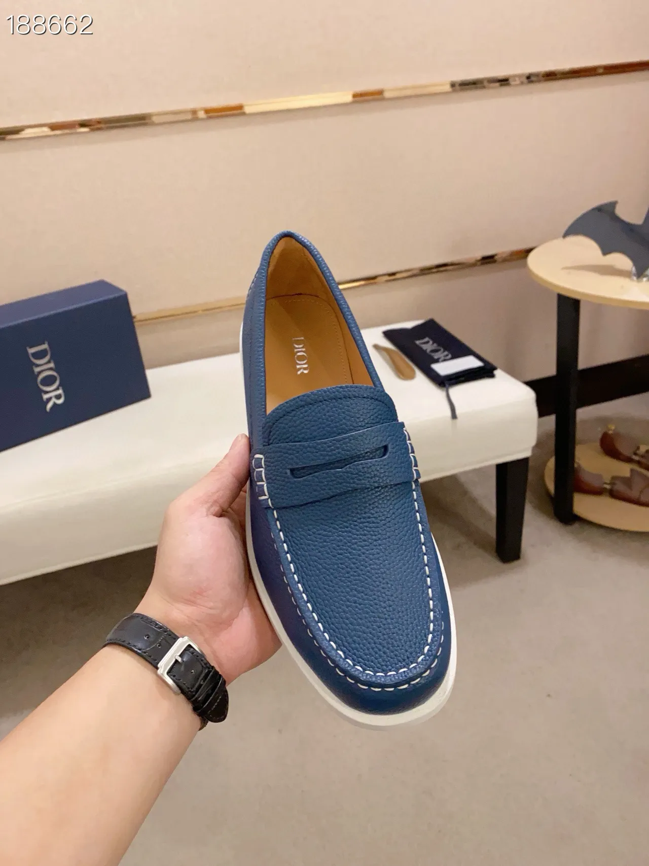 Blue White Pebbled Leather Upper Penny Strap Loafer 4