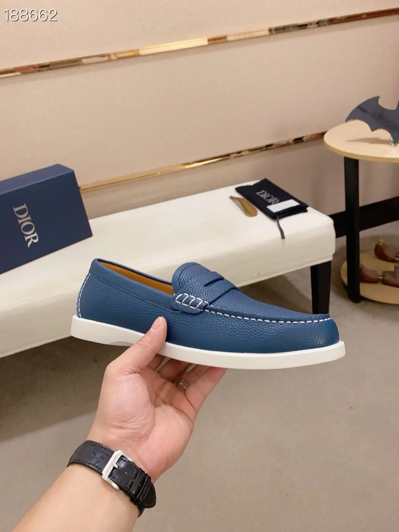Blue White Pebbled Leather Upper Penny Strap Loafer 5