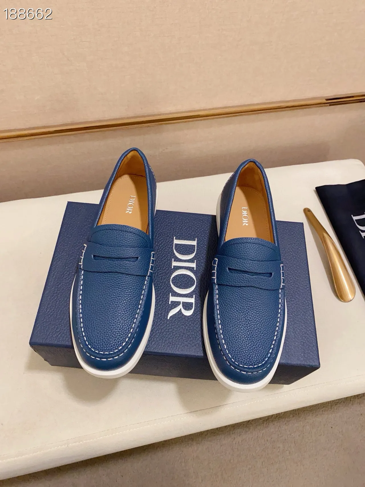 Blue White Pebbled Leather Upper Penny Strap Loafer 8