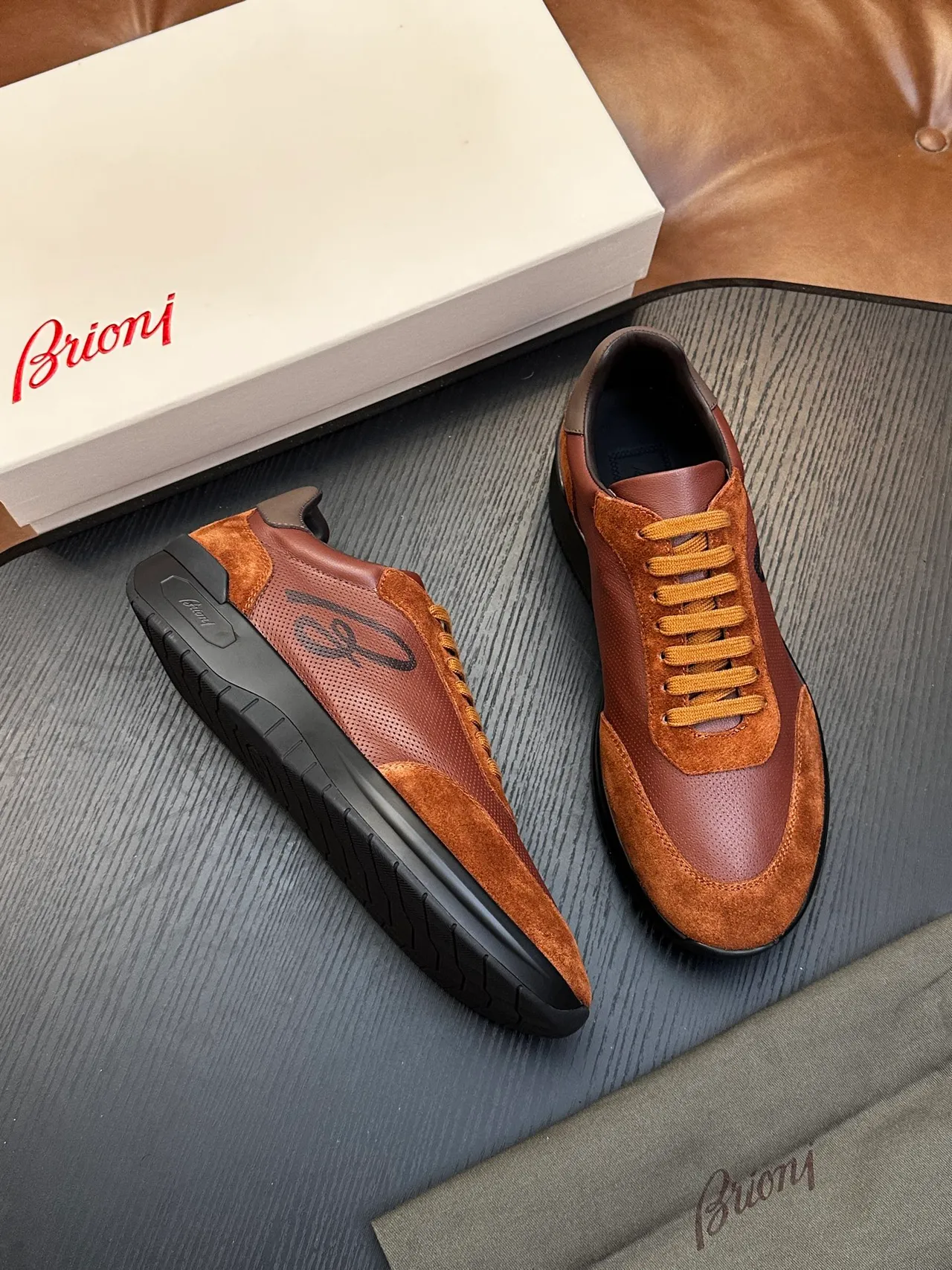 Brioni Brown Suede and Perforated Leather Lace-Up Casual Shoe 4