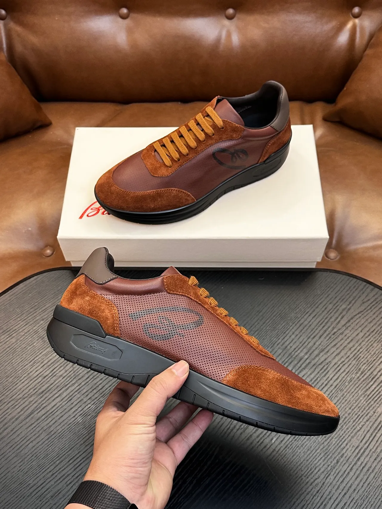 Brioni Brown Suede and Perforated Leather Lace-Up Casual Shoe 5